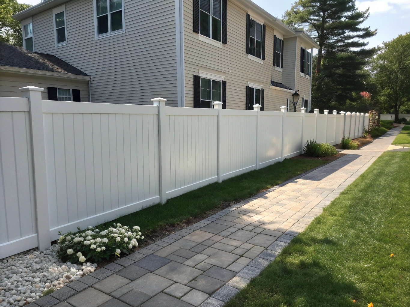 Pristine white vinyl fence perimeter installation in residential yard