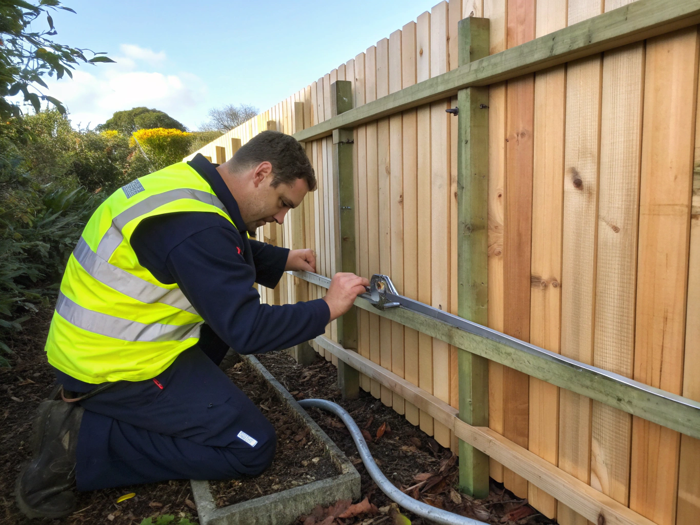 Contractor repairing fence gate hardware and structural posts